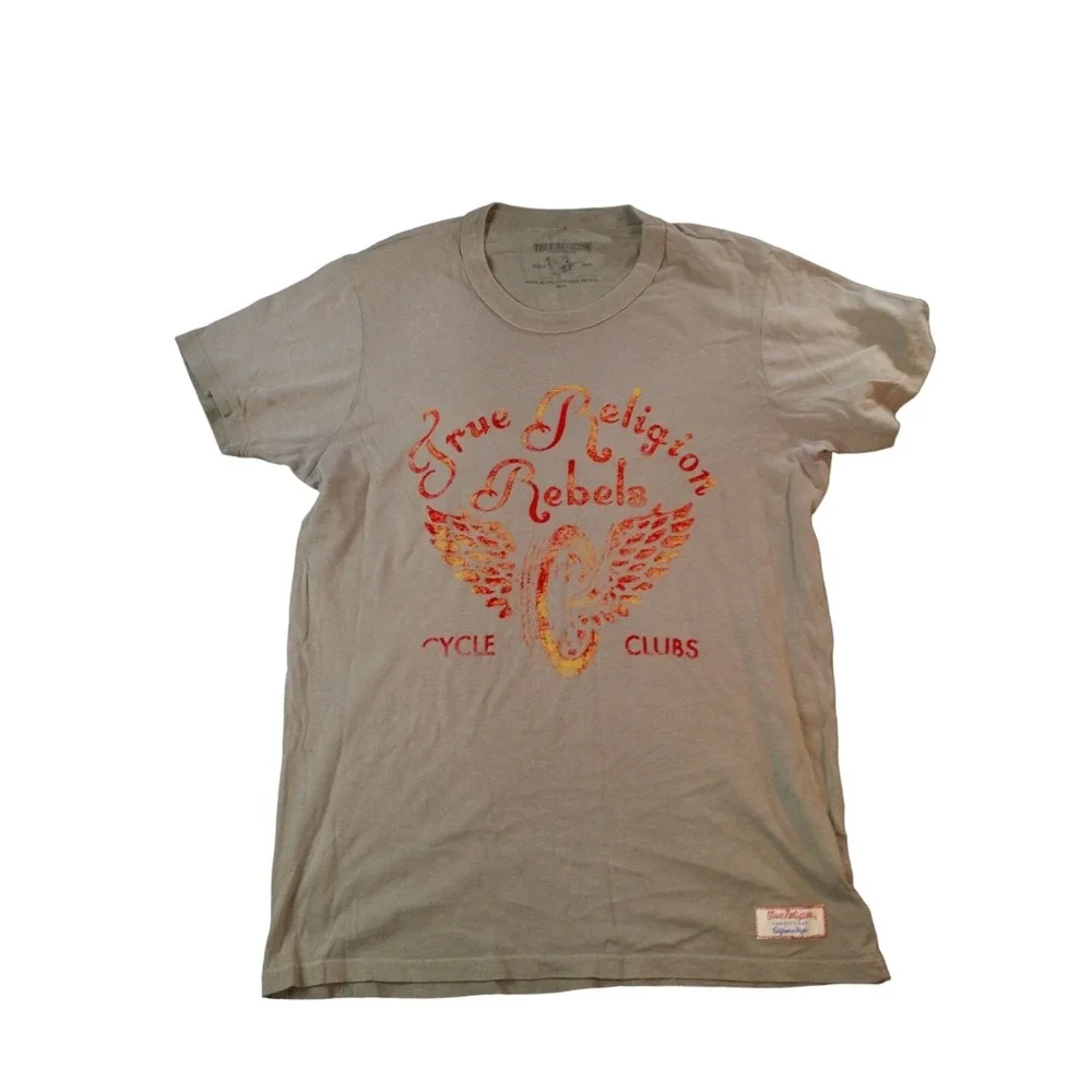 True‎ Religion Rebels Biker Graphic Tee Medium Khaki Winged Cycle Club Horseshoe